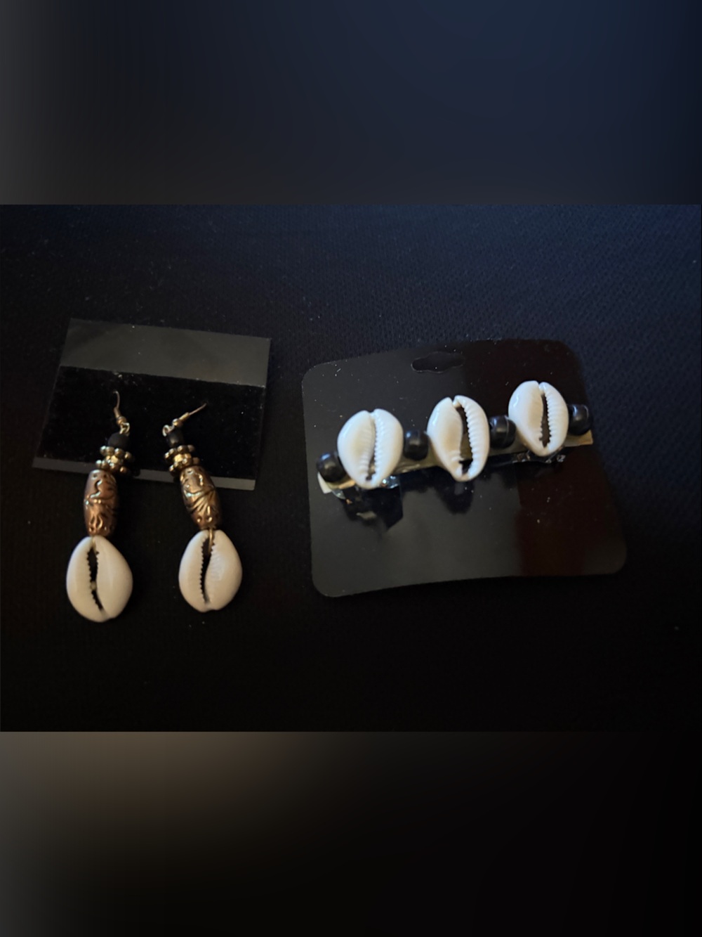 Handmade Cowrie Shell Drop Earrings and Hair Barrette.